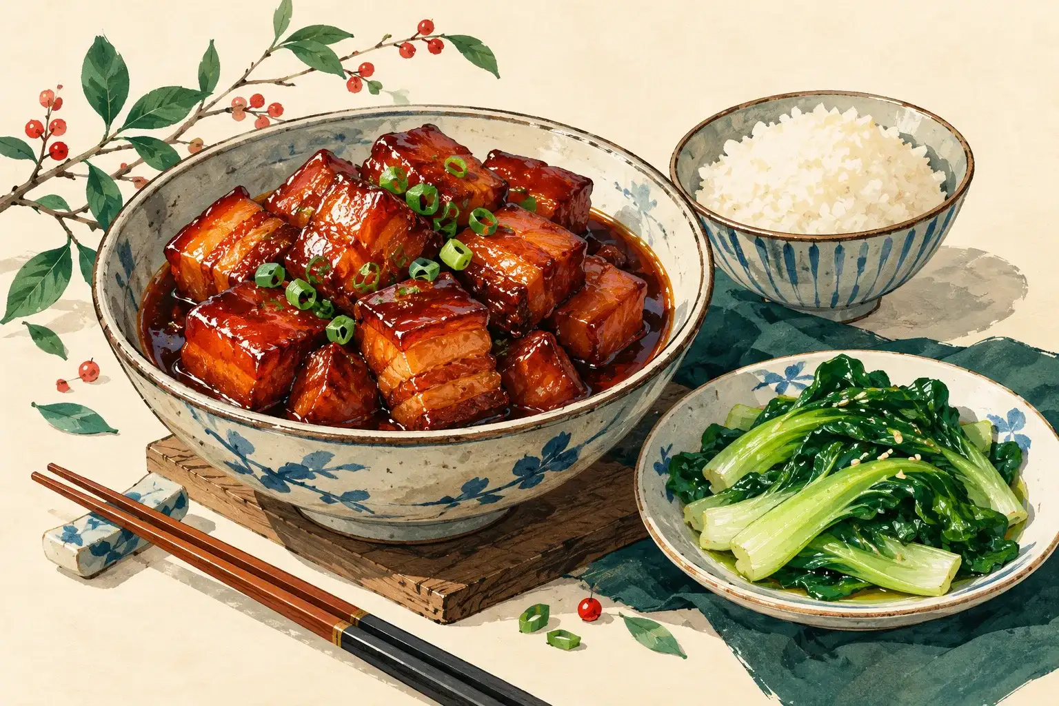 Illustration of red-braised pork, greens and rice in ceramic dishes.