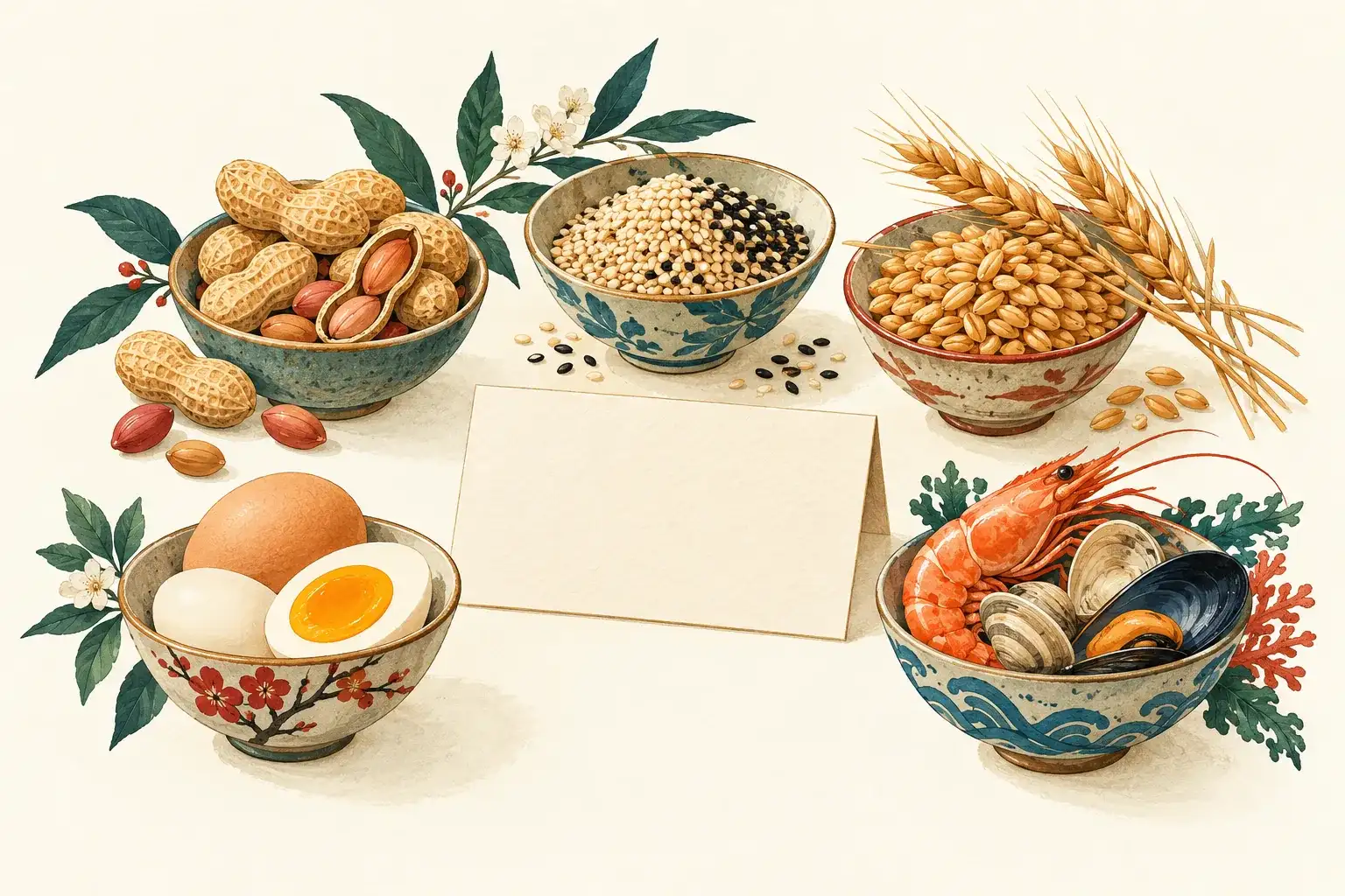 Illustration of separate food ingredients arranged around a dietary request card.