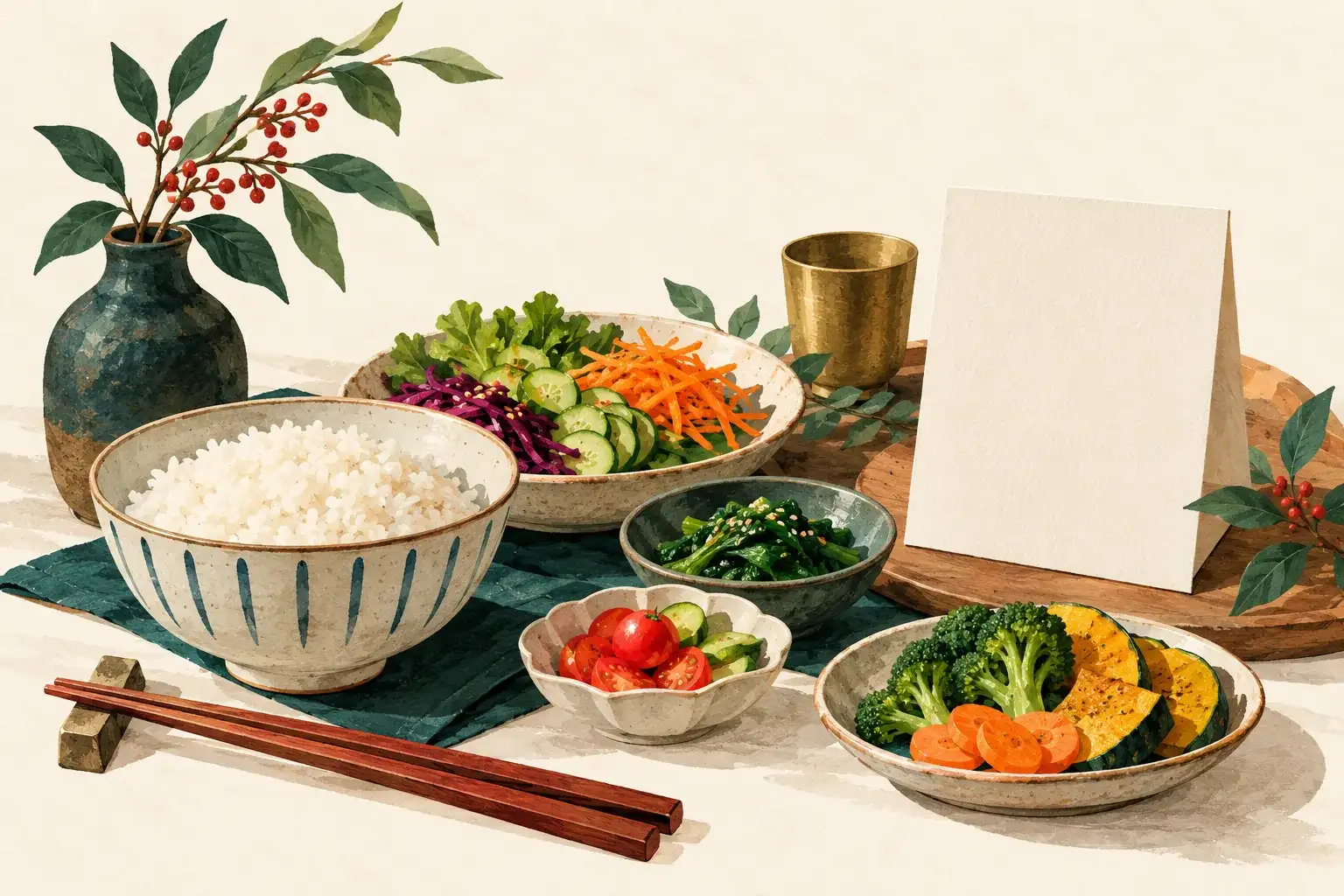 Illustration of separate vegetable dishes, rice and a dietary request card.