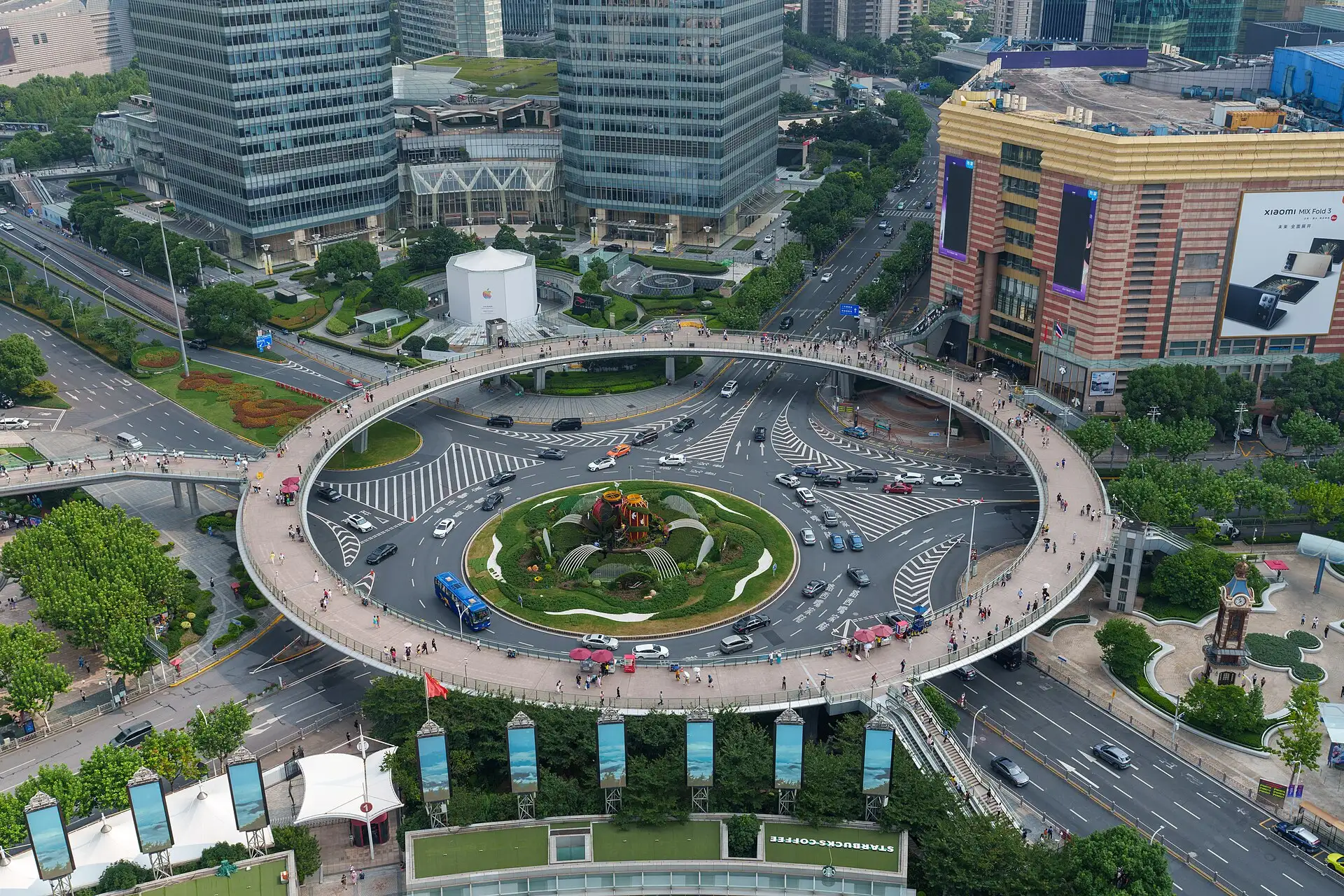 The circular pedestrian bridge around the Lujiazui roundabout, seen from above.