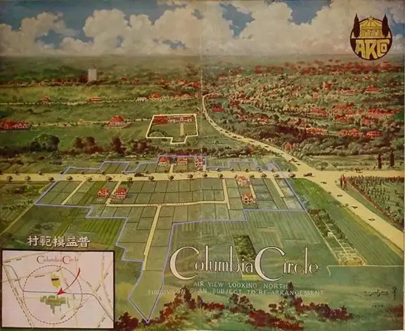 Painted bird's-eye view of green fields divided into rectangular house lots with a few red-roofed villas, a walled club compound beyond, roads running off to a distant town, and an inset map in the lower left corner.