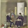 Hand-coloured print of a seated European man in a black coat beside a Chinese man writing at a table, with a young man standing between them.