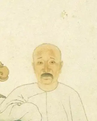 Painted portrait of a seated bald man with a moustache in a white robe, surrounded by books, bronzes and scrolls.