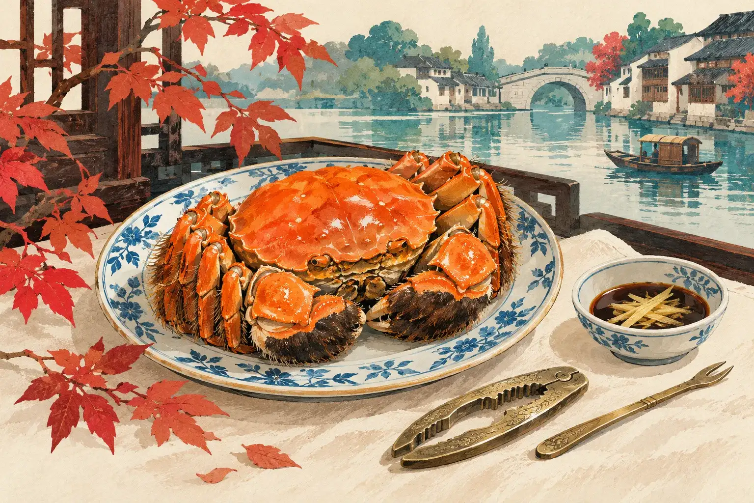 Illustration of a cooked crab with ginger dipping sauce and small utensils.