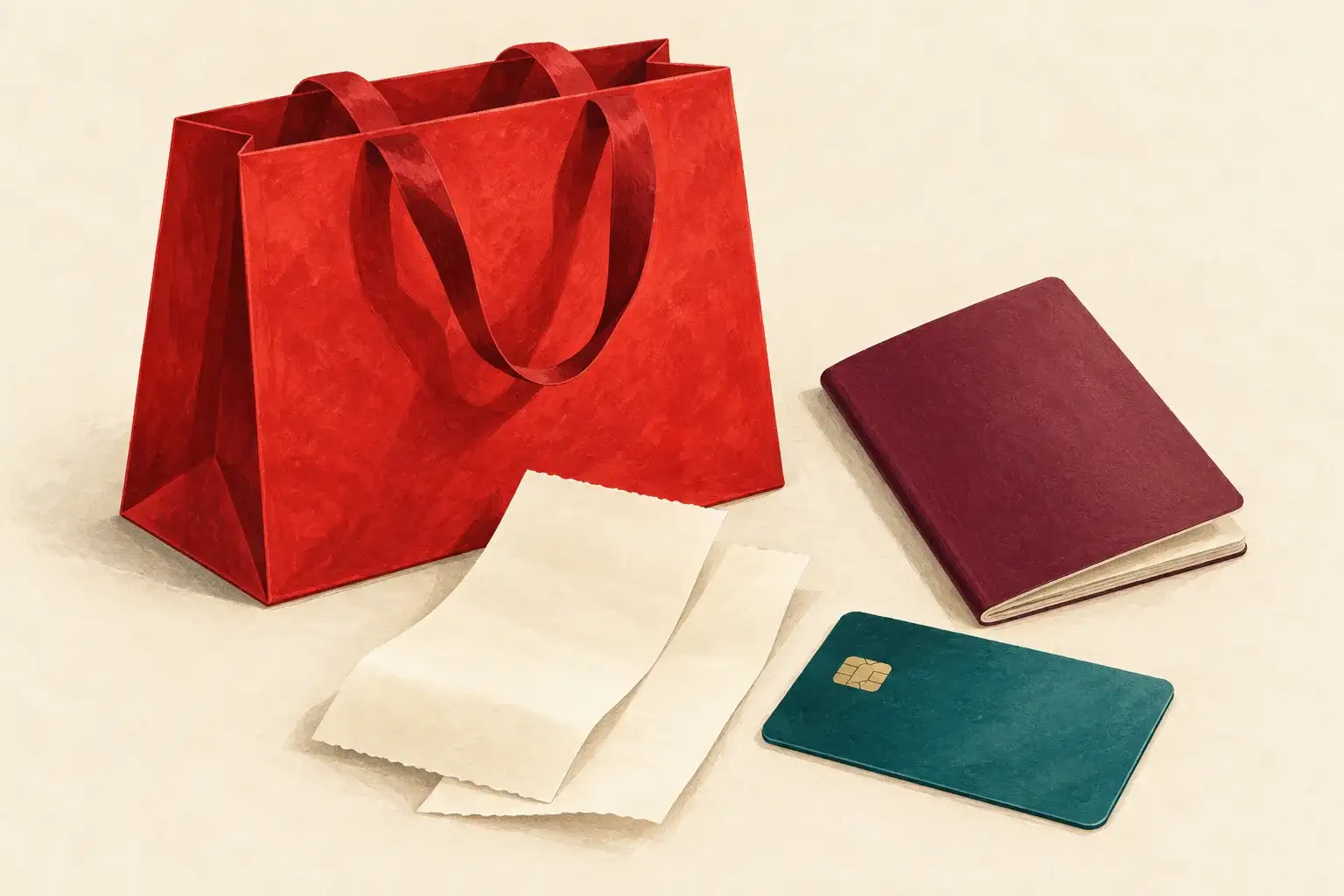 Illustration of receipts, a shopping bag, passport and bank card.