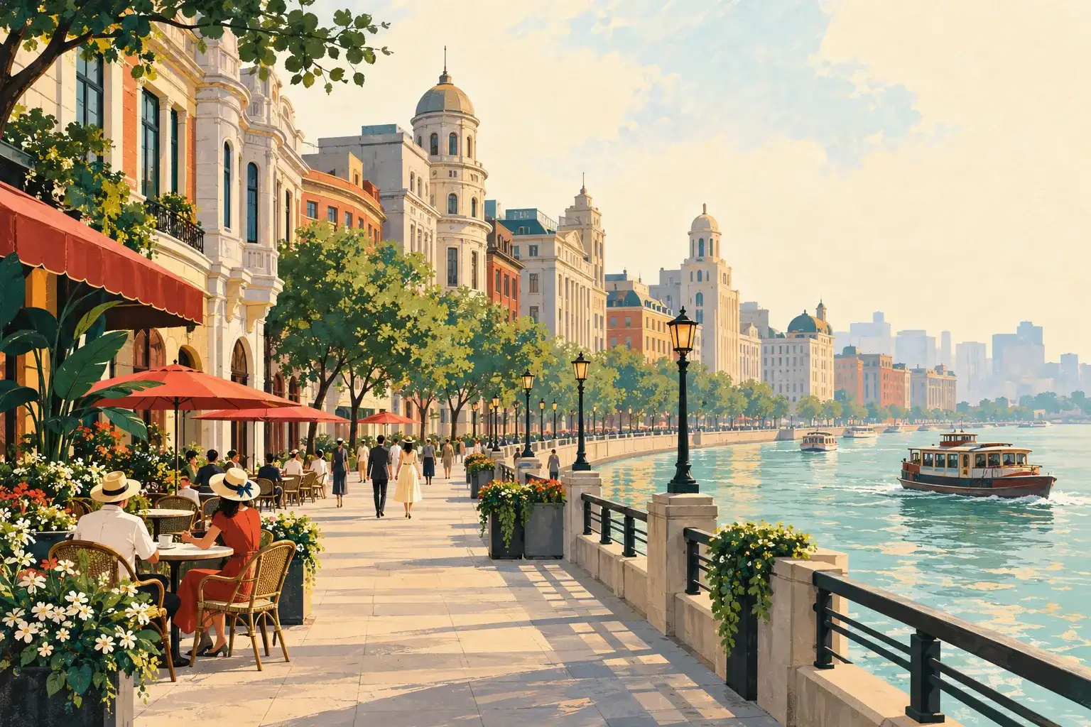 Stylized illustration of a riverside promenade and the Bund’s historic façades.