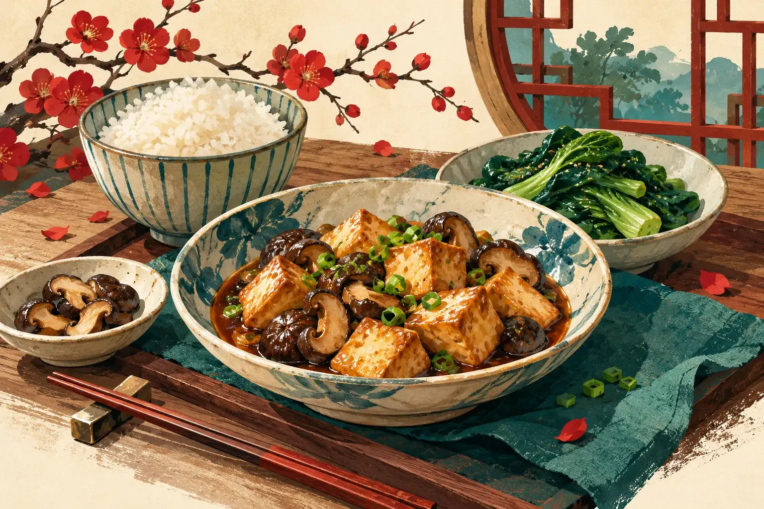 Illustration of tofu, mushrooms, leafy greens and rice.