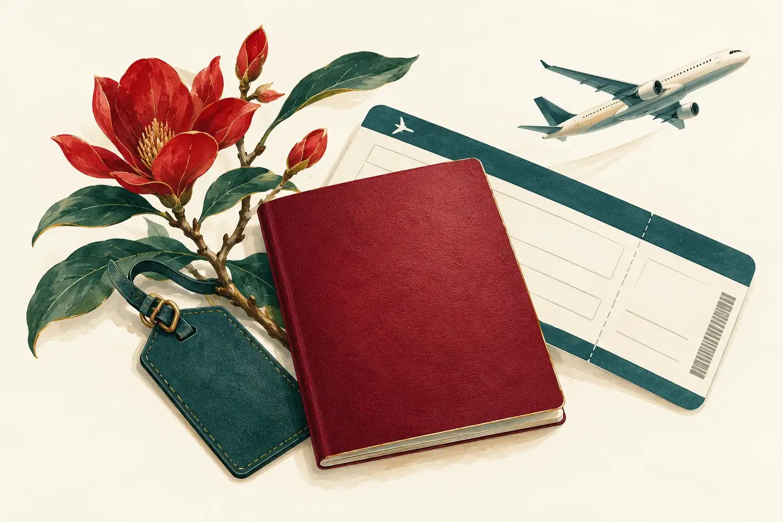 Illustration of a passport, boarding pass and aircraft for planning entry to Shanghai.